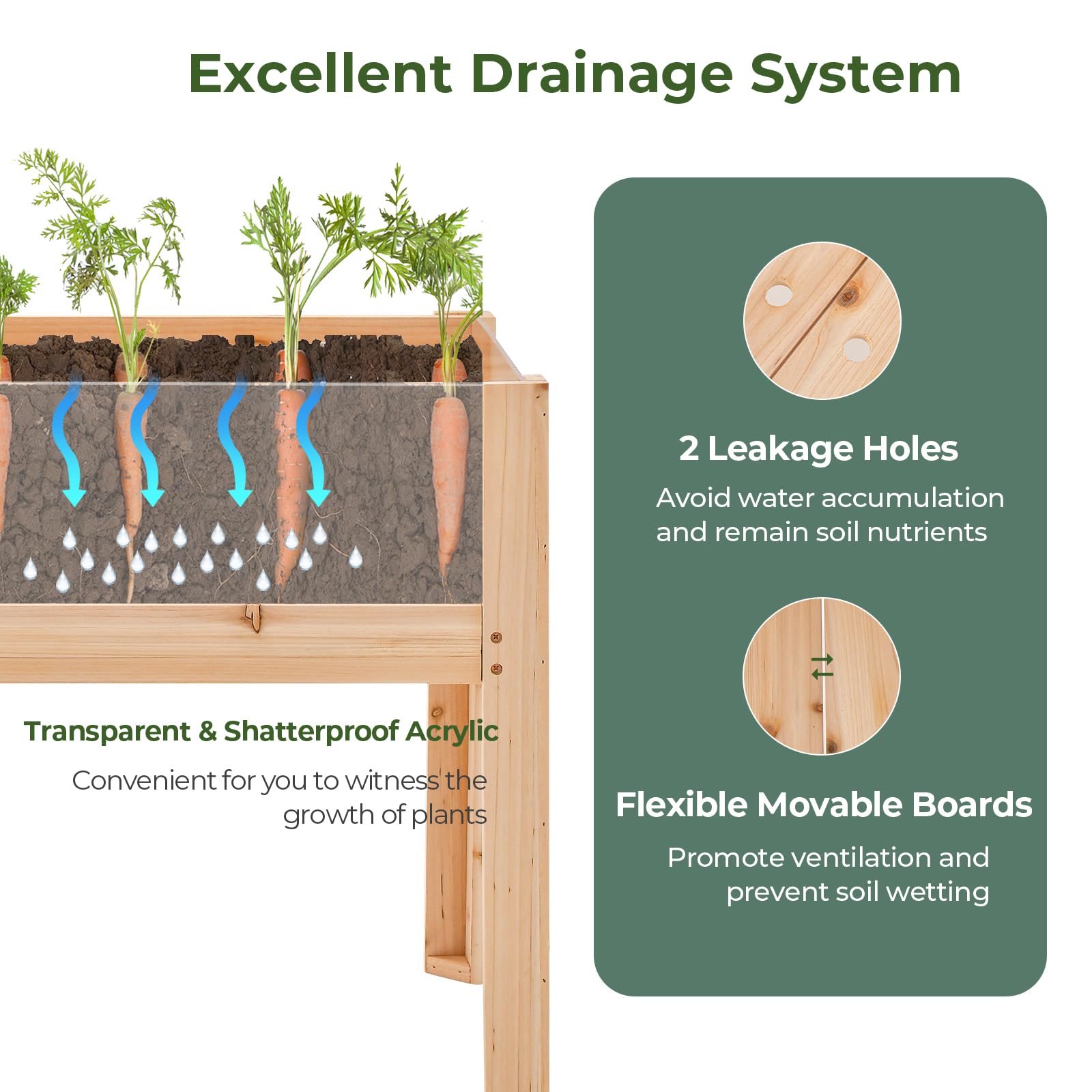 HOMASIS Huerto Elevado de Madera de Abeto con losa acrílica, Cama elevada para Mascotas con 2 Agujeros de Drenaje, Jardinera elevada con Volumen de 50L para balcón, jardín, Natural (100x59x77cm)
