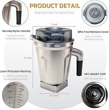 Built-in Chip 64oz Stainless Steel Container Blender Pitcher, Replacement Jar Compatible with Vitamix 5200, 750, 6300, E310, Vm0103, Vm0197, E310, A2500, Explorian,Ascent Series,