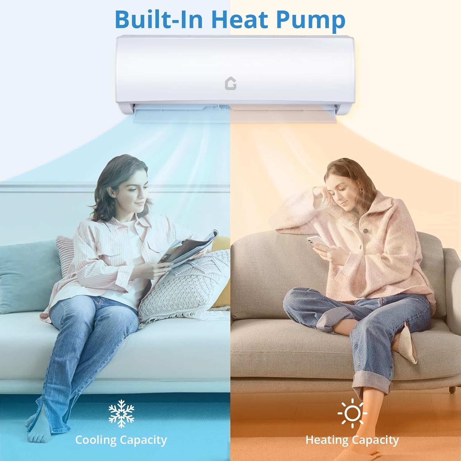 Garvee Mini Split AC unit demonstrating both cooling (blue air) and heating (orange air) functions.