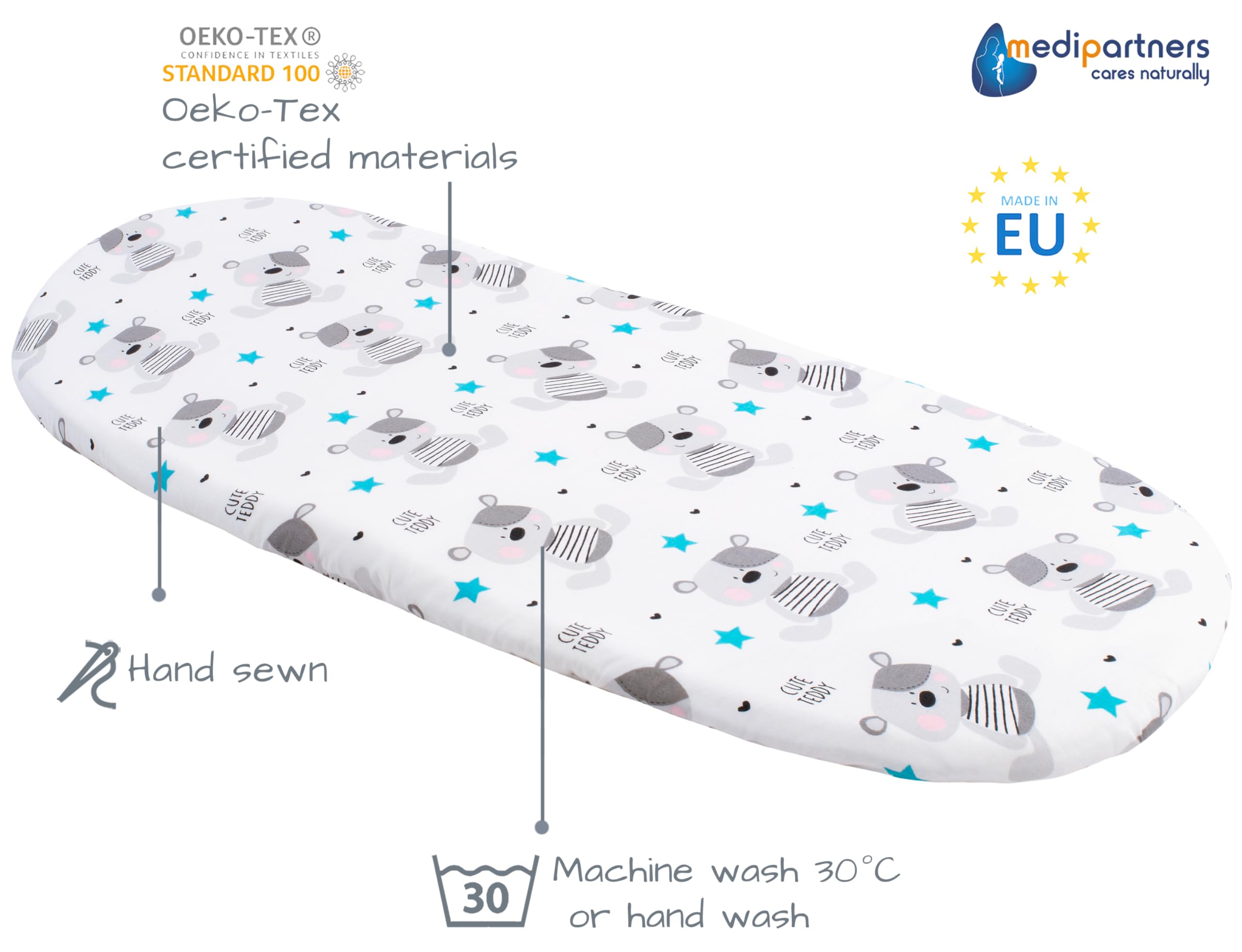 Medi Partners Set of 3 pcs. Fitted Sheet Pram 86 x 40 cm 100% Cotton Mattress Protector Baby - Image 3