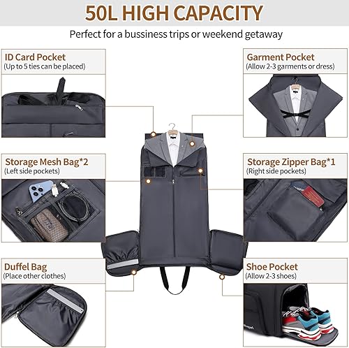 Miniatura 4 de Wogarl Bolsas de ropa 3 en 1 para viajes, bolsas de lona convertibles con compartimento para zapatos, bolsa de traje colgante desmontable, bolsa de