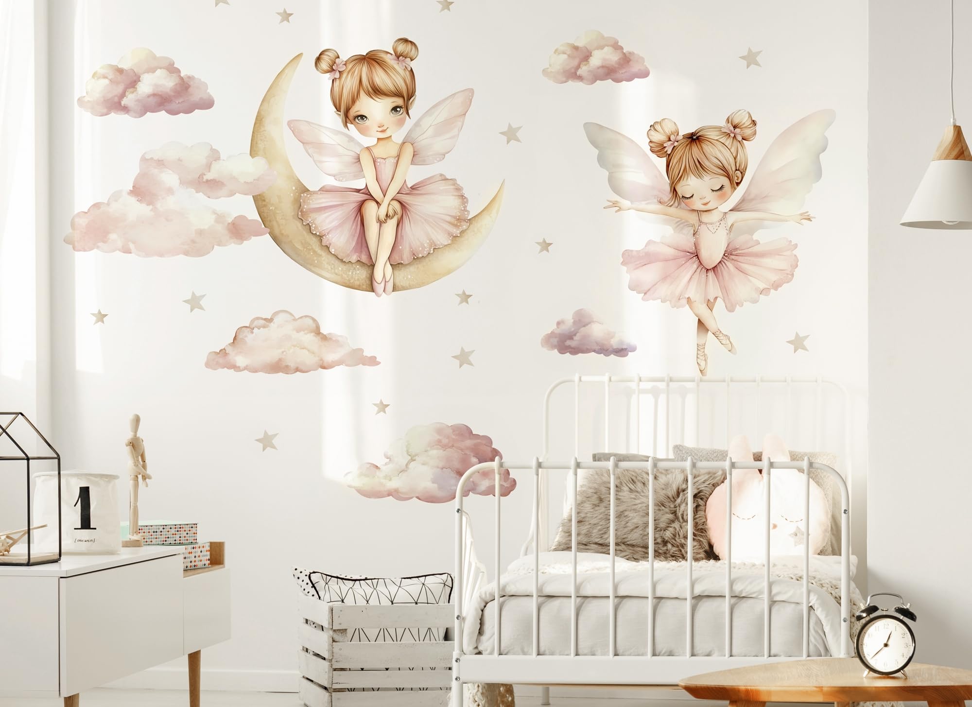 Wandtattoo Ballerinas | Kinderbilder Kinderzimmer Mädchen Aufkleber Osomhom | Süße Ballerina auf dem Mond und den Wolken (Ballerinas, XL)