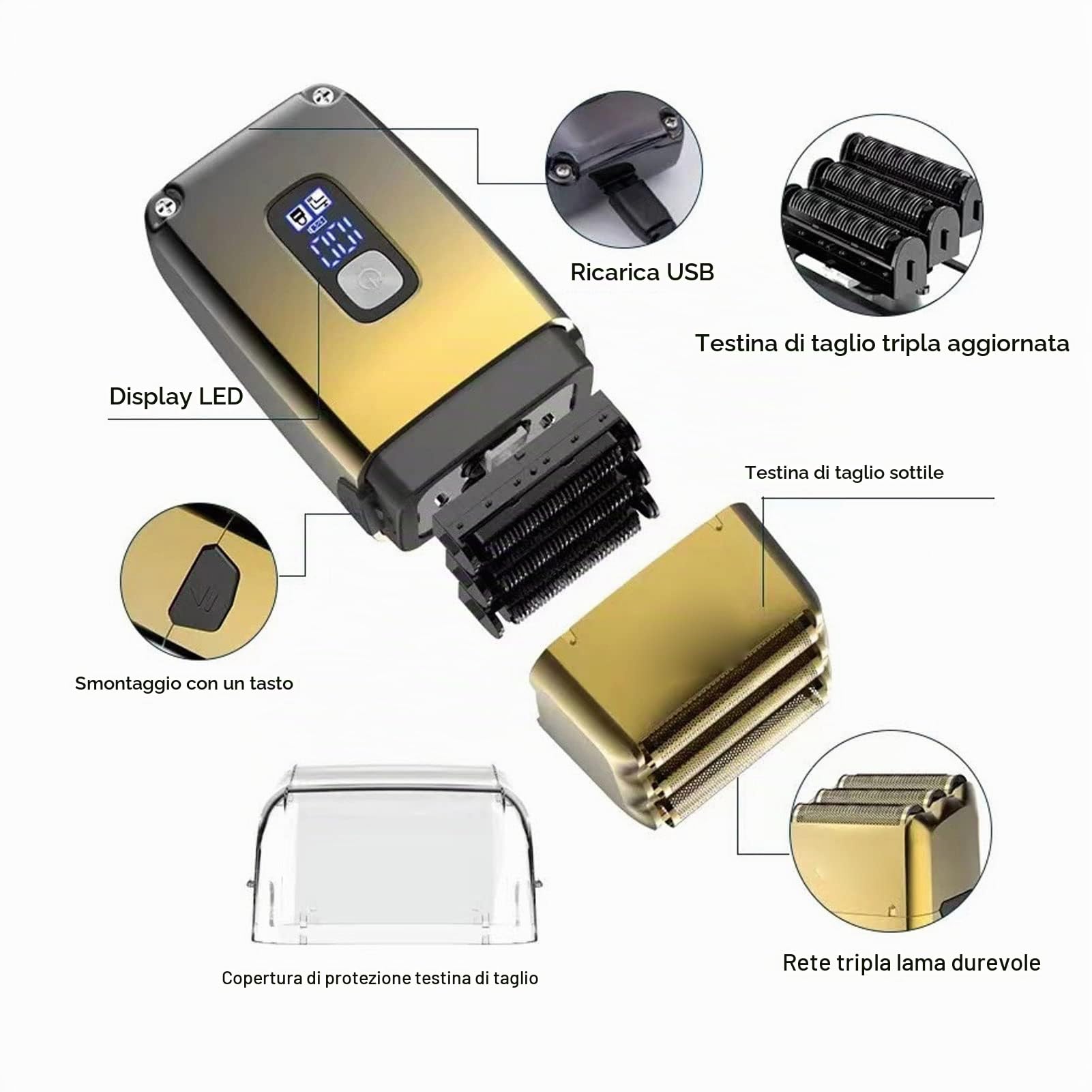 Rasoio Elettrico a Tripla Lame Rasoio a Lamina USB Ricaricabile Display LCD Rasoio Elettrico Impermeabile Rasoio da Viaggio Portatile da Uomo
