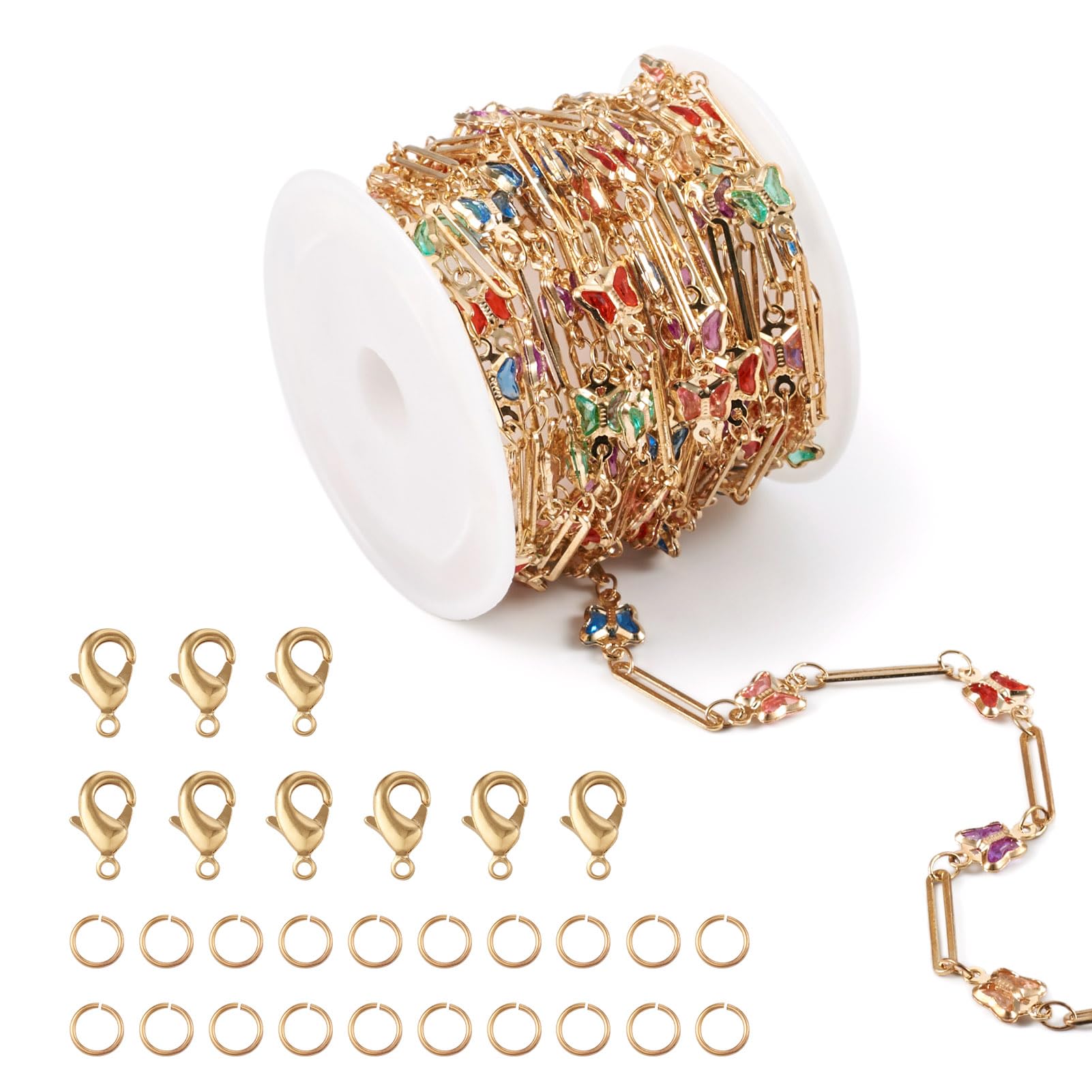 PandaHall 4m Brass Butterfly Link Chains Paperclip Oval Link Necklace Chain with Lobster Claw Clasps Jump Rings for Bracelet Necklace Jewellery Making