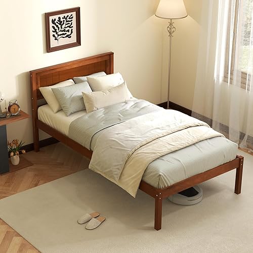 Miniatura 10 de KOMFOTT Base de cama de plataforma de madera de tamaño completo con cabecero, marco de cama de madera maciza con soporte de listones, soporte de 7