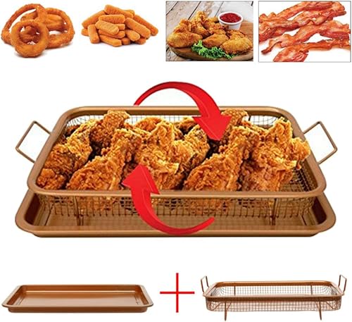 Miniatura 3 de DODY Bandeja de acero antiadherente de cobre, 2 piezas antiadherentes para horno, bandeja y cesta de malla, freidora de aire en horno, ideal para