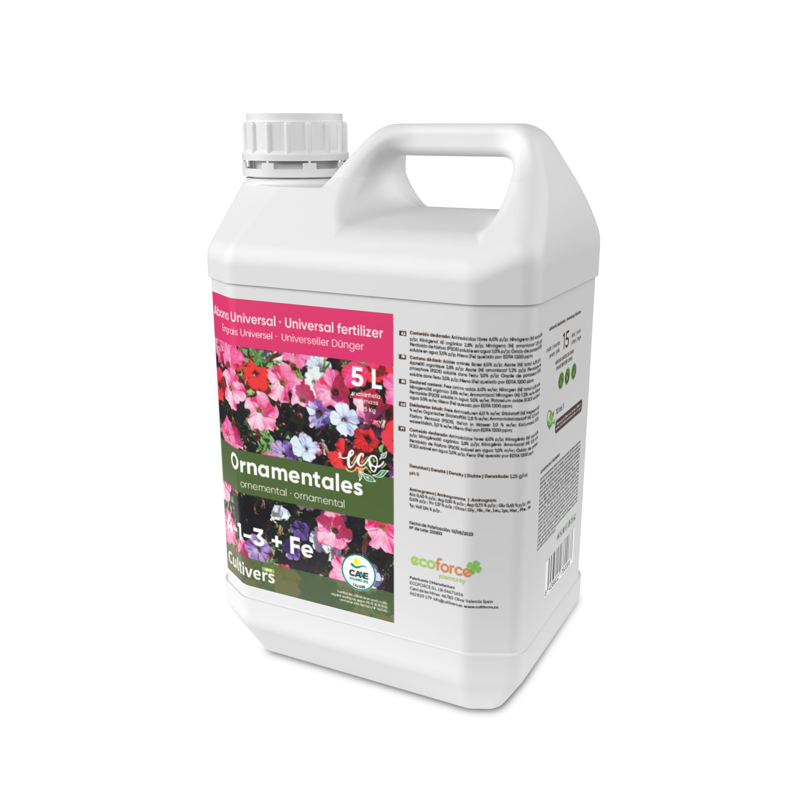 CULTIVERS Fertilizante para plantas ornamentales ecológico de 5 L. Abono líquido con Aminoácidos + Quelato de Hierro. Plantas más verdes