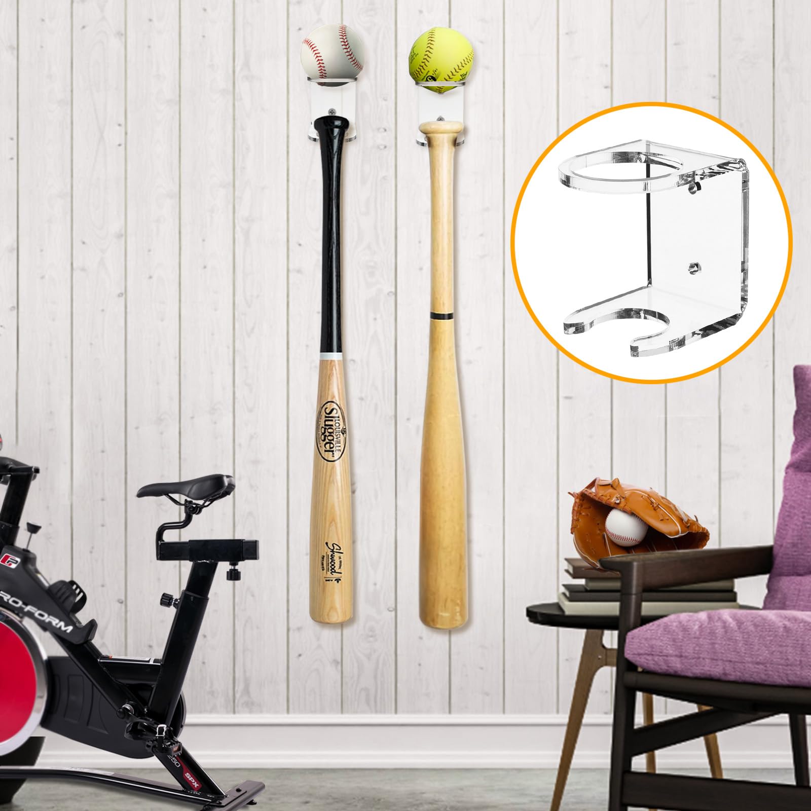 Lot de 2 supports muraux pour rangement de batte de baseball en acrylique - Organisateur d'équipements de sport pour présenter des raquettes et des balles à la maison ou au stade de baseball