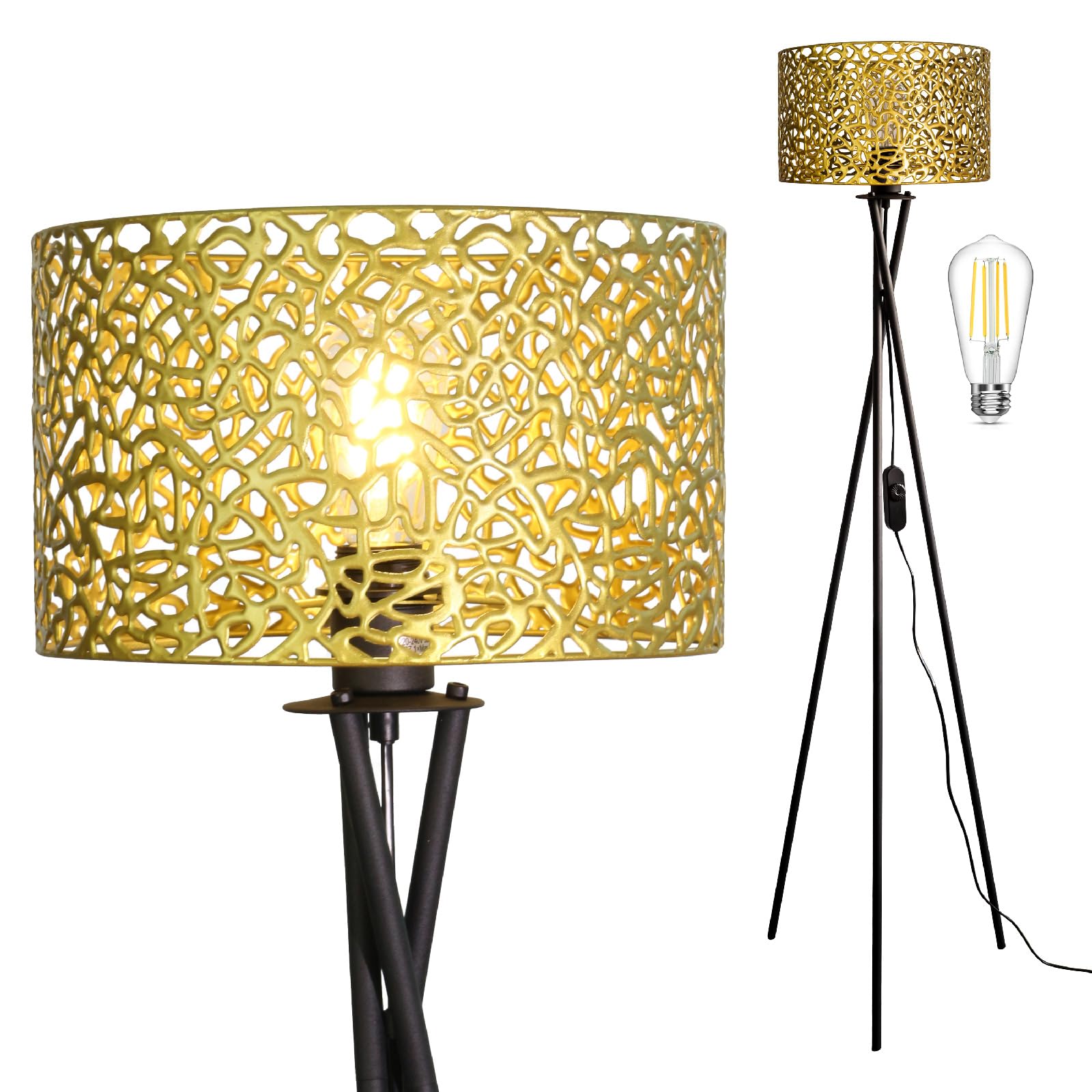 Dreibein Stehlampe mit Goldenem Durchbrochenem Schirm, Dimmbar