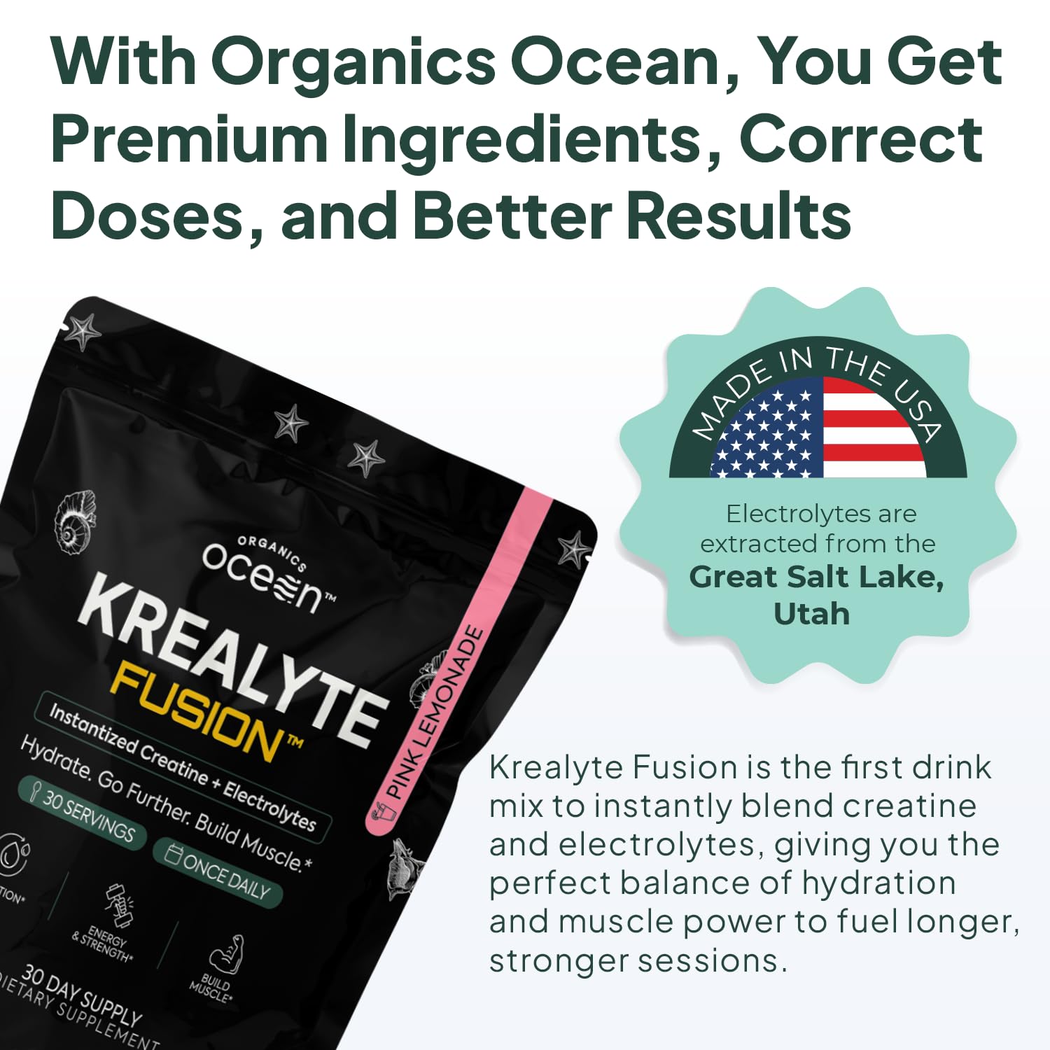 Organics Ocean Krealyte Fusion - Instantized Creatine Monohydrate Powder with Electrolytes - Muscle Strength, Endurance & Hydration Support - Vegan, Sugar-Free, Pink Lemonade Flavor - 30 Servings — Amazon image 3