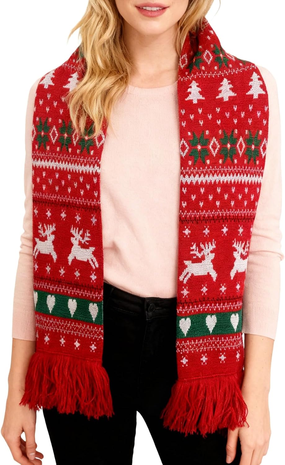 Winter Christmas Scarf Scarves for Women Men Red Knit Soft Scarfs with Reindeer and Snowflake X-mas Gifts