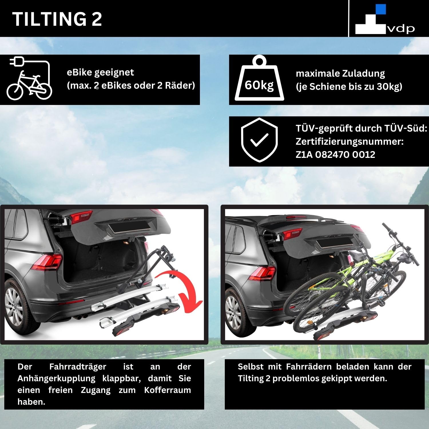 VDP eBike Fahrradträger für Anhängerkupplung Fahrrad Heckträger Radträger - Tilting 2 - Fahrradträger e-Bike für 2 Fahrräder - 60kg Zuladung - am Fahrzeug klappbar - TÜV