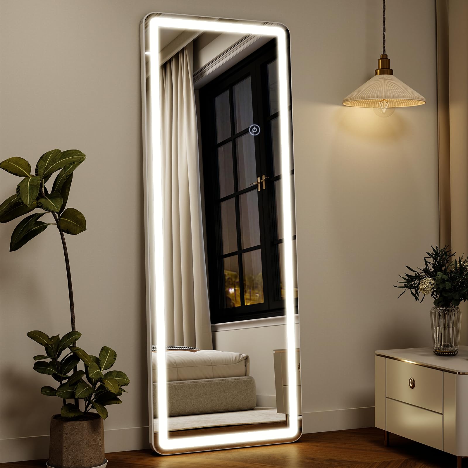 Miroir Pleine Longueur 164 x 60 cm avec éclairage LED, Verre de sécurité, Variateur d'intensité, Miroir sur Pied