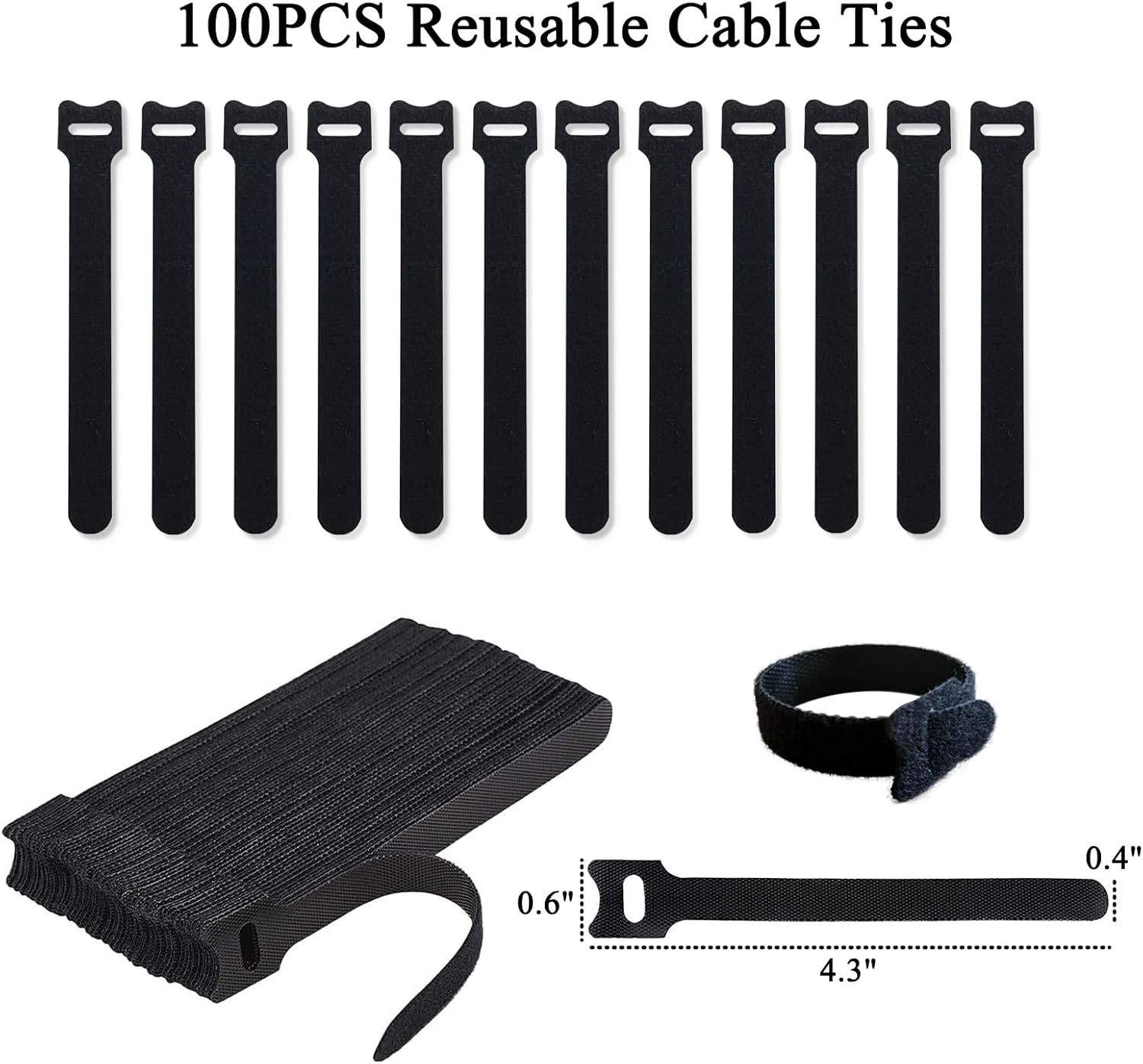 100PCS Reusable Cable Ties, Multi-Purpose Cables Management for Electrical Charging Cords, Wire Ties, Cord Ties, Cable Straps, Adjustable, Heavy Duty, Self-Locking, Black, 4 Inch