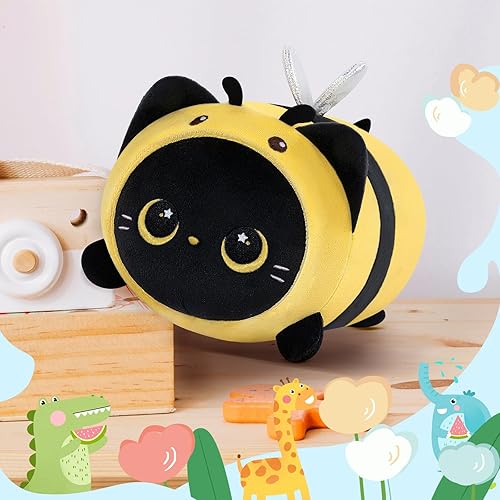 Miniatura 5 de Bonita almohada de felpa de abeja de gato negro, peluche Kawaii de abeja de gato, peluche de gatito con disfraz de abeja de abeja, regalos suaves