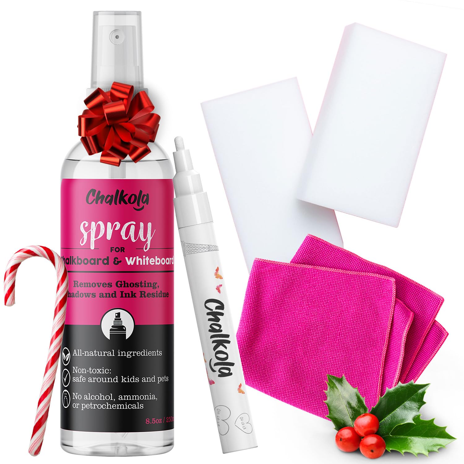 Chalkola Natural Chalkboard Cleaner Spray & Eraser Kit for Liquid Chalk Markers - Suitable for Whiteboard, Blackboard and Dry Erase Boards - Comes with White Chalk Pen