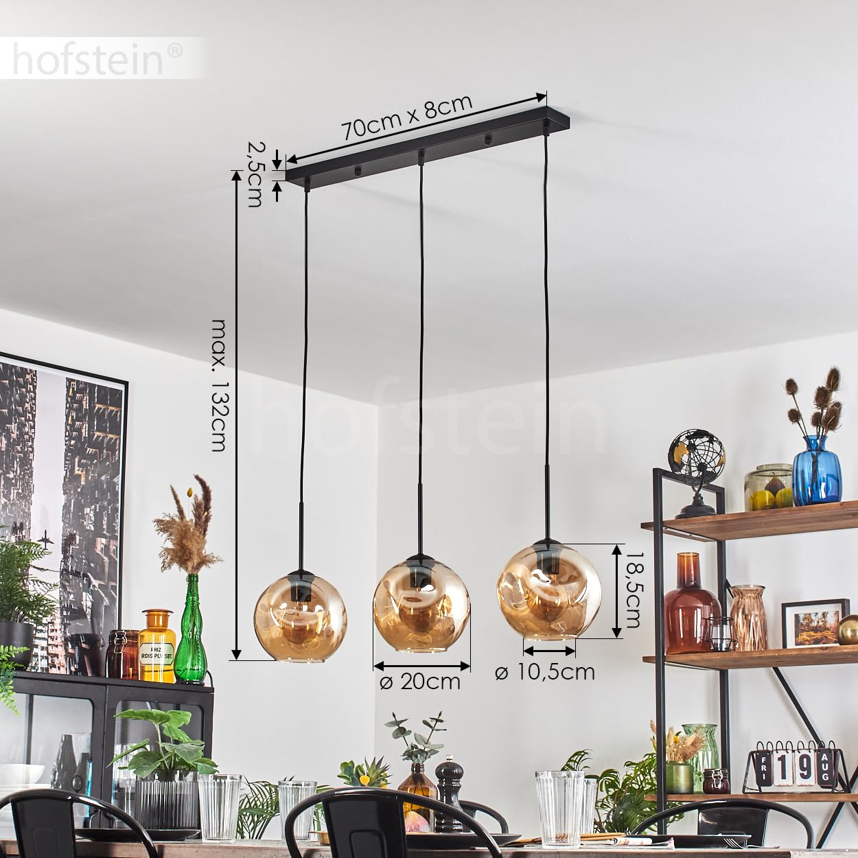 Pendelleuchte Ripoll, Pendellampe aus Metall/Glas in Schwarz/Bernsteinfarben, Leuchte im modernen Retro/Vintage-Design mit Schirmen aus Glas (Ø 20 cm), Höhe max. 132 cm, 3 x E27, ohne Leuchtmittel