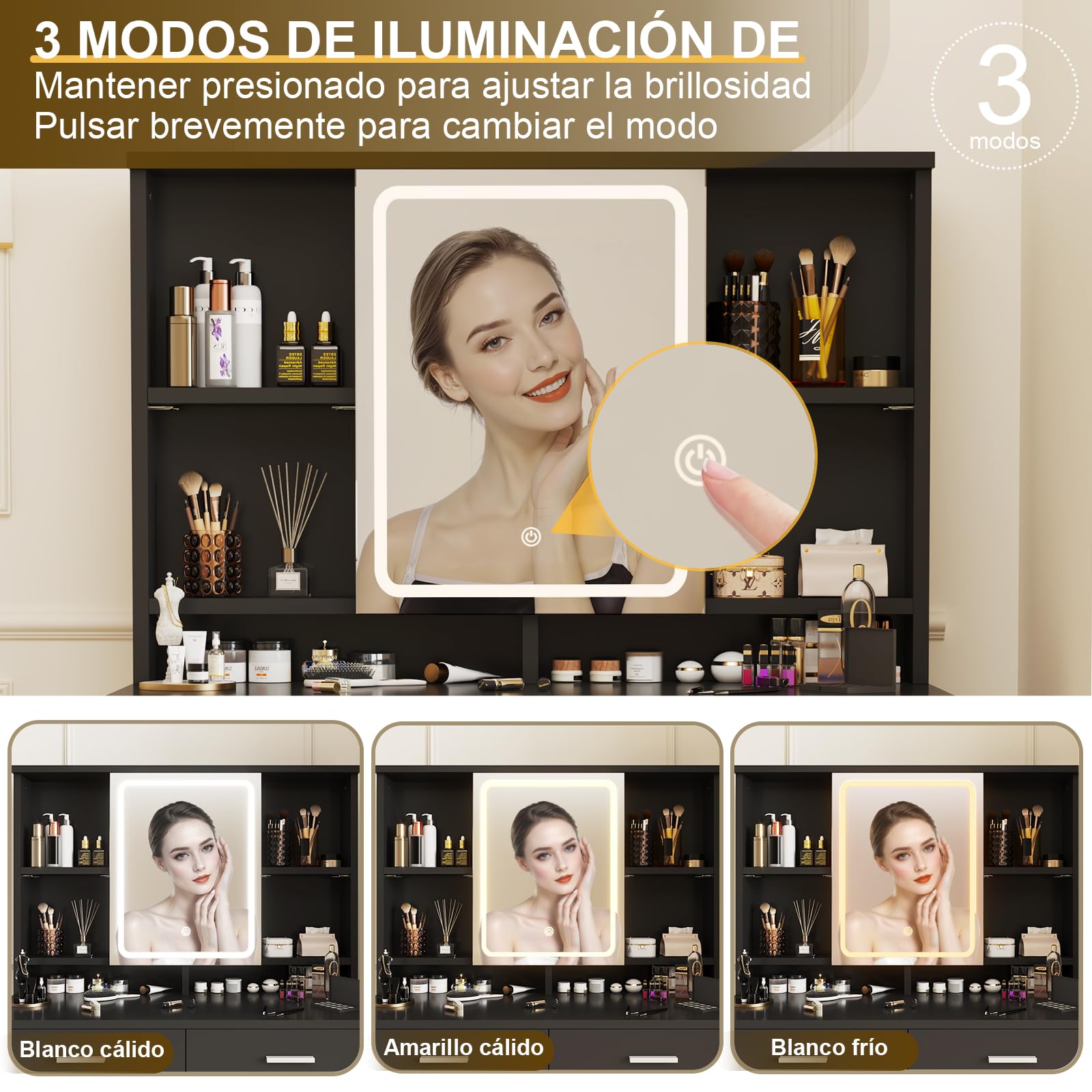Airfish Tocador de Maquillaje con Espejo y Luces LED, 3 Colores Brillo Ajustable, Mesa de Maquillaje con Espacio para Joyas, Estantes Ajustables,9 Ganchos y 2 Cajones, 90x40x135,8 CM Moderno, Negro