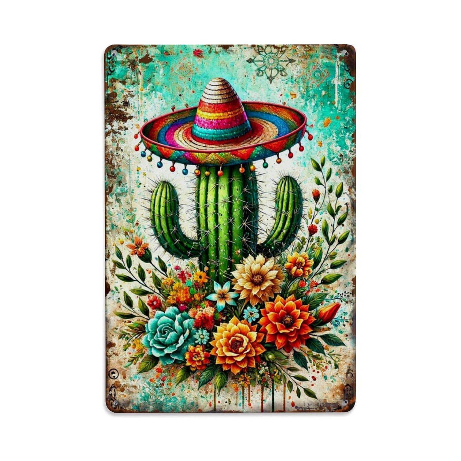 Cactus Wearing Colorful Sombrero Hat Retro Metal Tin Sign, Vintage Metal Poster for Bar, Home, Man Cave, Kitchen, Laundry Room Art Decor 8x12 Inch