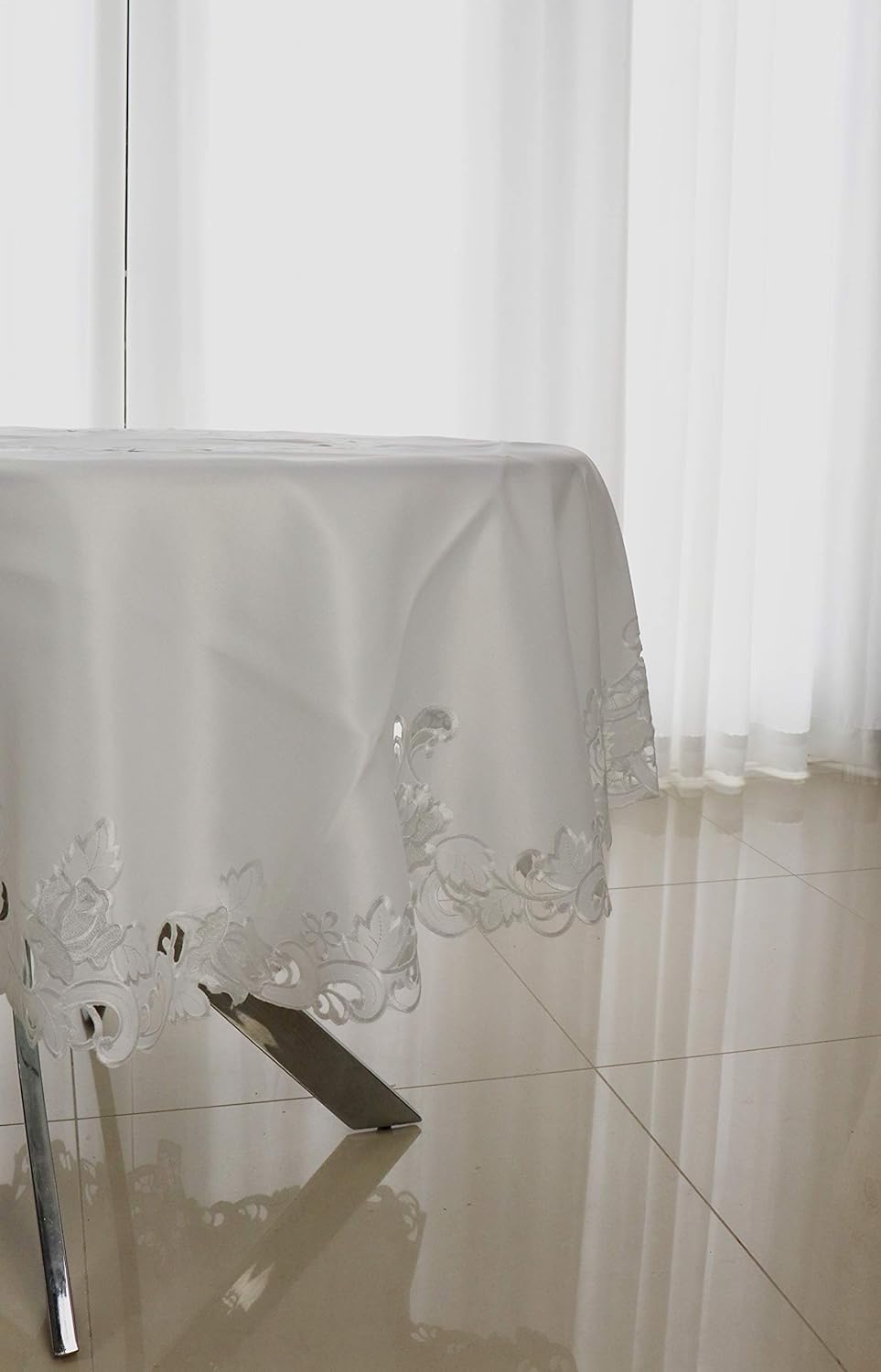 H & A Collection Marina Decoration Vintage Elegant Embroidered Cutwork Kitchen Dining Tablecloth, White Base with Shiny White Rose Flower 36 Inch Square for Small Coffee Tea Table and Nightstand