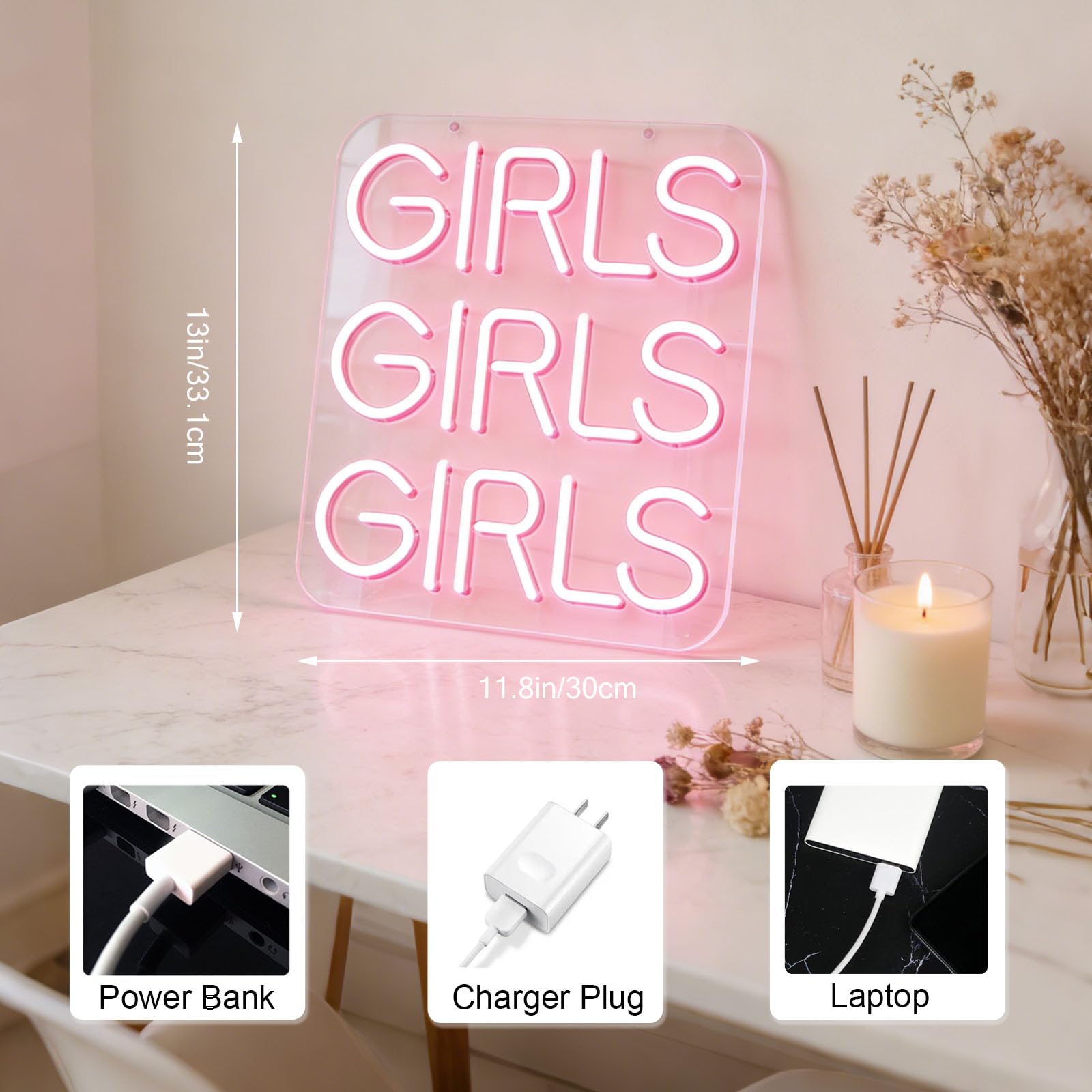 GIRLSGIRLSGIRLS różowa litera LED neonowa lampa do dekoracji ścian, ściemnianie USB, dekoracyjny neonowy znak do feministycznej dekoracji pokoju, dekoracja salonu paznokci (5 V 29 x 33 cm)