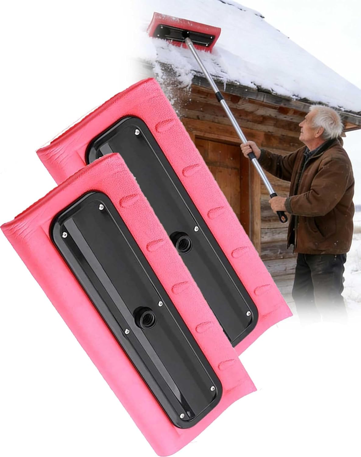 Snow Roof Rake, S-Shape Extra-Wide 15.7-Inch Scratch-Free Foam Broom Scraper, Foam Head Roof Snow Rake, Lightweight No-Scratch Snow Brush Snow Pusher for Vehicles, Roofs & Gutters - No Ice Dams (2pc)