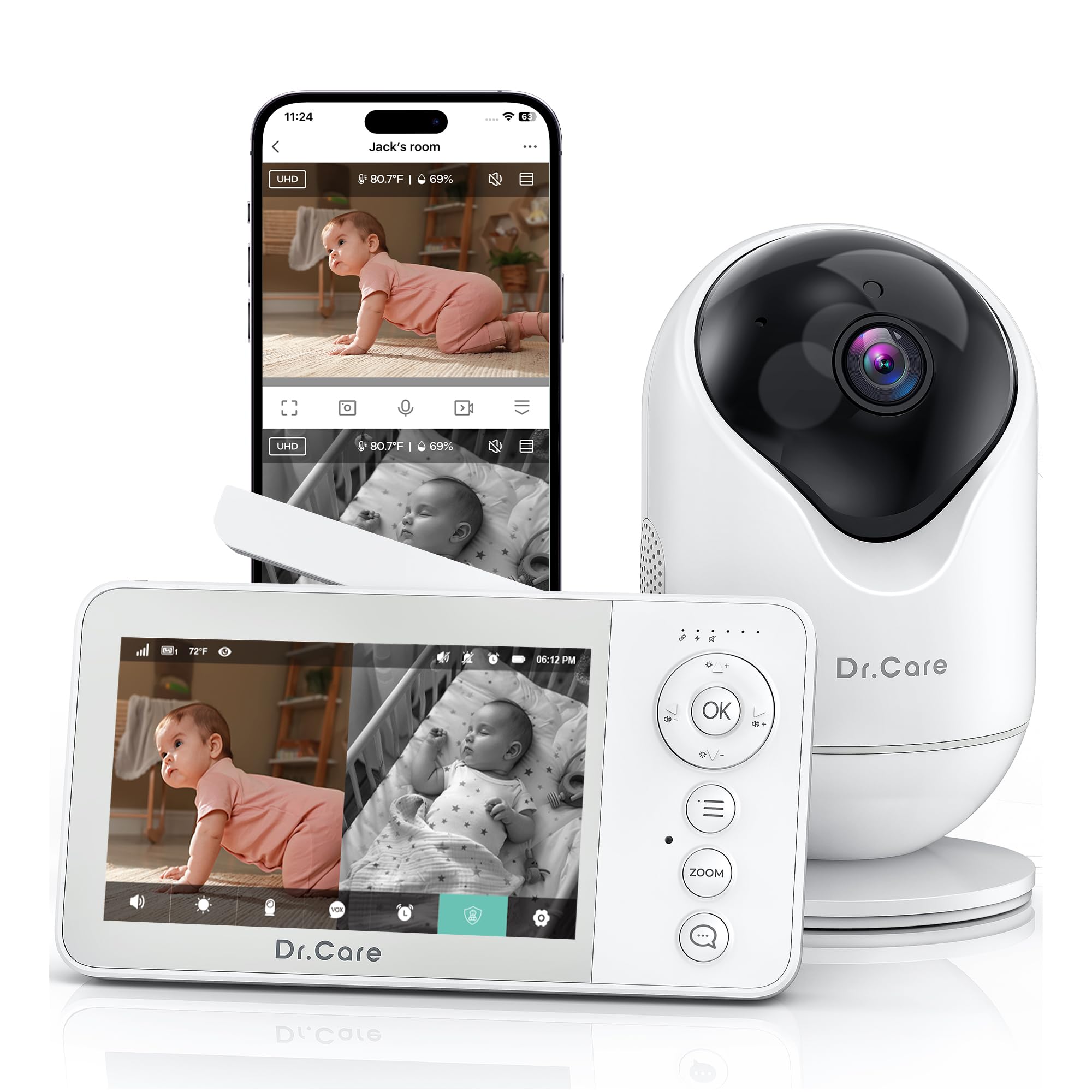 Dr.Care VistaView Lite RB Vigilabebés WiFi, Pantalla 4" 720P Dividida, cámara 1080P, App, Alerta de Movimiento, batería 2500mAh, visión Nocturna, Audio bidireccional, multiusuario, Triple protección