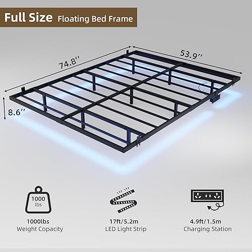 Miniatura 2 de Marco de Cama Flotante Full Size con Estación de Carga y Luces LED, Marco de Cama de Plataforma de Metal, No Necesita Somier, Fácil Montaje, (Full)