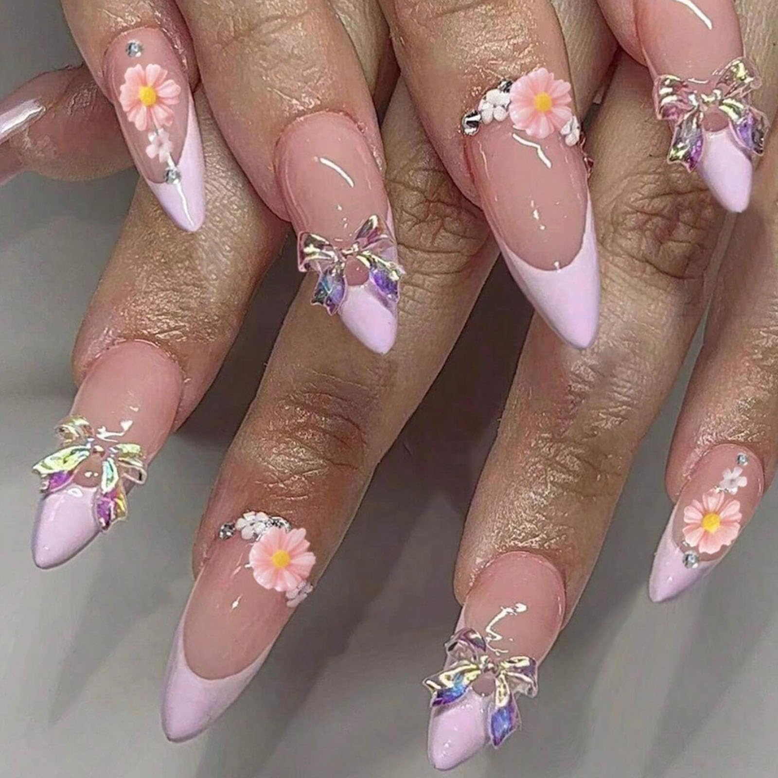 Spring Summer Press on Nails Almond Medium Fake Nails Purple French Tip Nails Press ons Glossy Glue on Nails Nude False Nails with 3D Flower Bow Charm