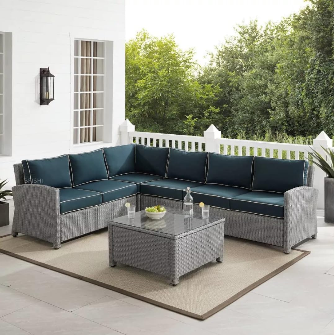 Amazon Brand - Solimo Oasis Outdoor Sofa Set | Patio Furniture Sets | Balcony Sofa | Indoor Sofa | Wicker Rattan Garden Sofa Set with Cushion and Center Table (6 Seater Grey with Navy Blue Cushions)-image-12