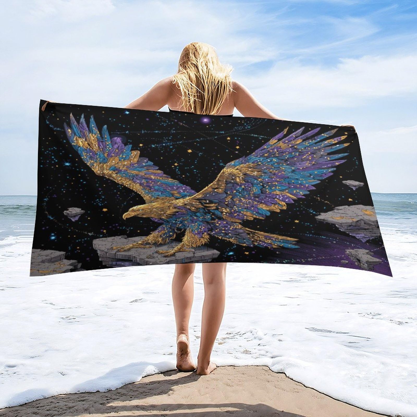 Luyysky Fantasy Abstract Bald Eagle Quick-Drying Beach Towel, Beautiful Cool Space Starry Sky Constellation Bird Animal Bald Eagle Travel Vacation Single Sided Pile Bathroom Towels-80"W Cm X 160"L Cm