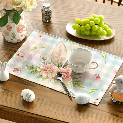 Miniatura 10 de Artoid Mode Juego de 6 manteles individuales de Pascua con orejas de conejo, diseño de búfalo, flores y flores, 12 x 18 pulgadas, para decoración de