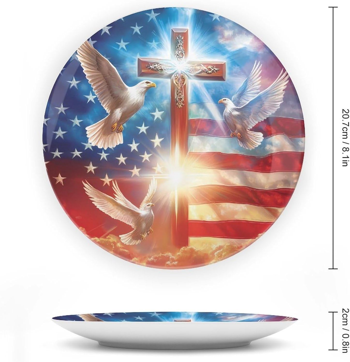 God and Peace U.S. Flag Novelty Decorative Plate with Display Stand Ceramic Ornament Hanging Wall Decor