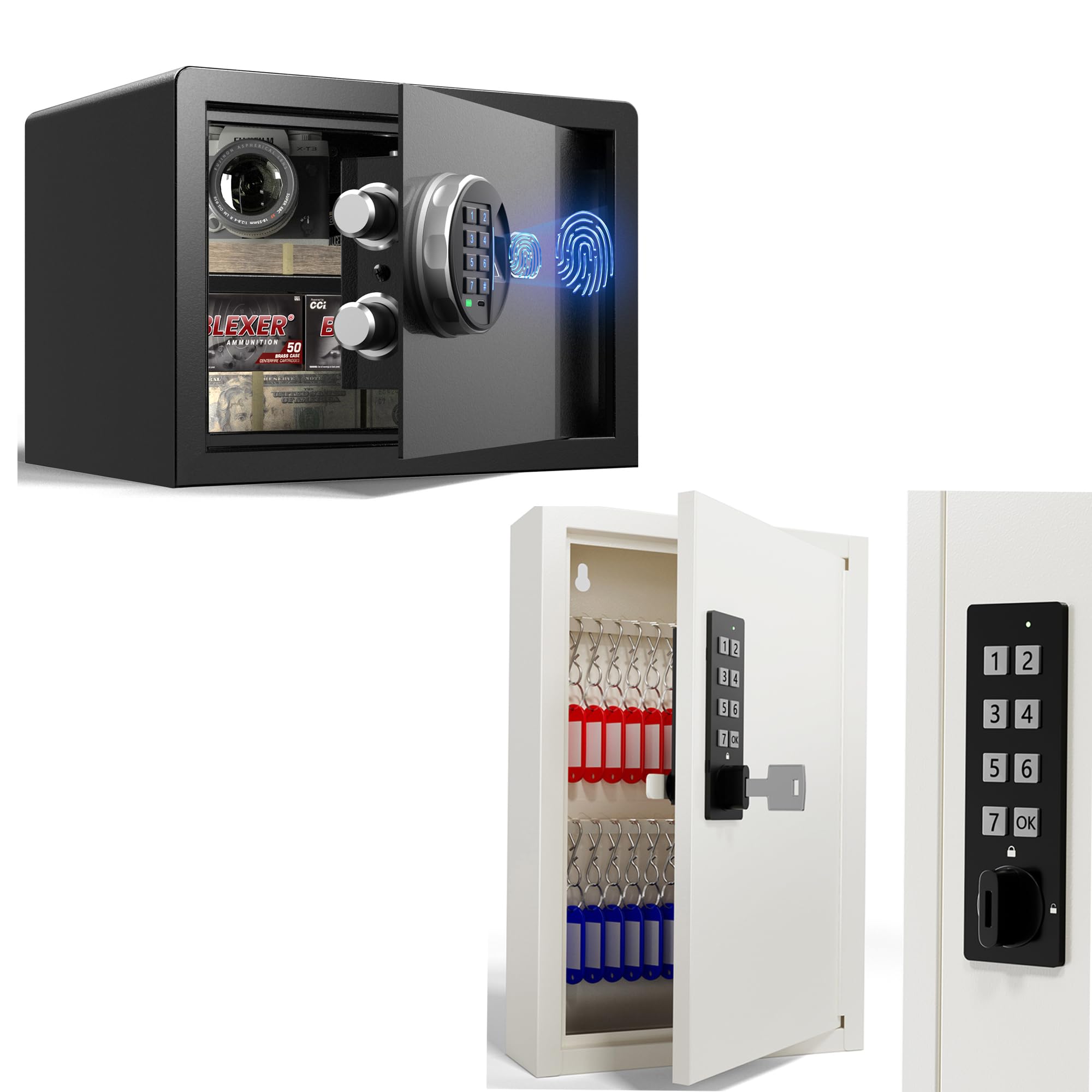 𝟖.𝟓 𝐊𝐆 Biometrischer Fingerabdruck-Tresor – 22L Sicherheitsbox mit LED-Beleuchtung, leisem Modus, beleuchtetem Tastenfeld+Elektronischer Schlüsselschrank Zahlencode für 40 Schlüssel - Wandmontage