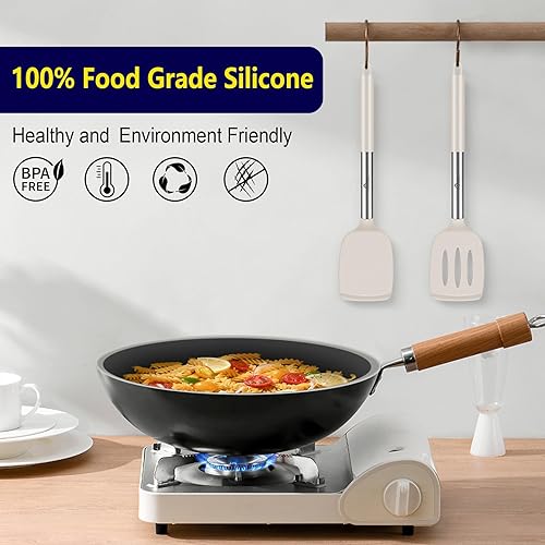 Miniatura 7 de HOTEC Juego de 2 espátulas de silicona resistentes al calor de 600 °F y sin BPA, con asas de acero inoxidable, espátulas ranuradas y sólidas para