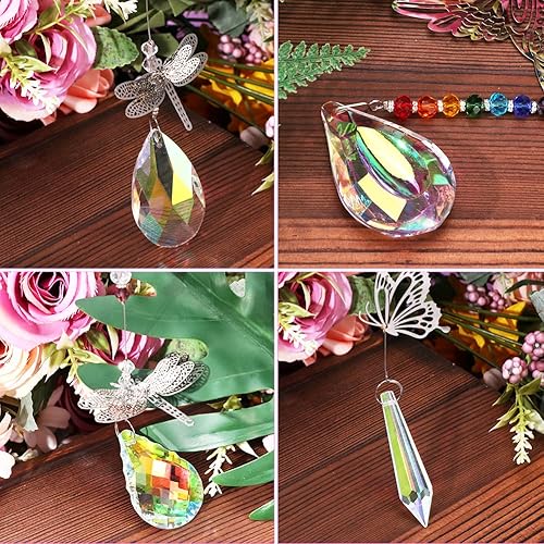 Miniatura 7 de Atrapasoles de cristal, 7 prismas de bola de cristales coloridos, colgantes de cristal con mariposa, libélula colibrí, adorno colgante de ventana