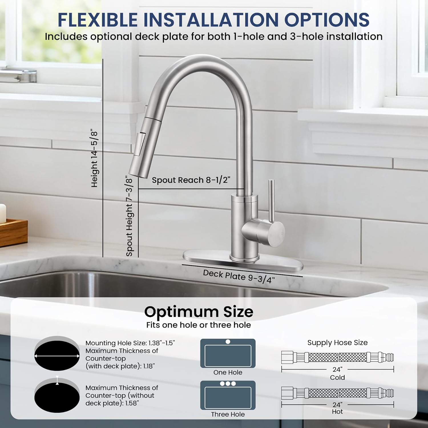 KPW Kitchen Faucet with Pull-Down Sprayer, Brushed Nickel, High-Arc Single Handle, Stainless Steel, Fits 1 or 3 Hole Sink - Image 2