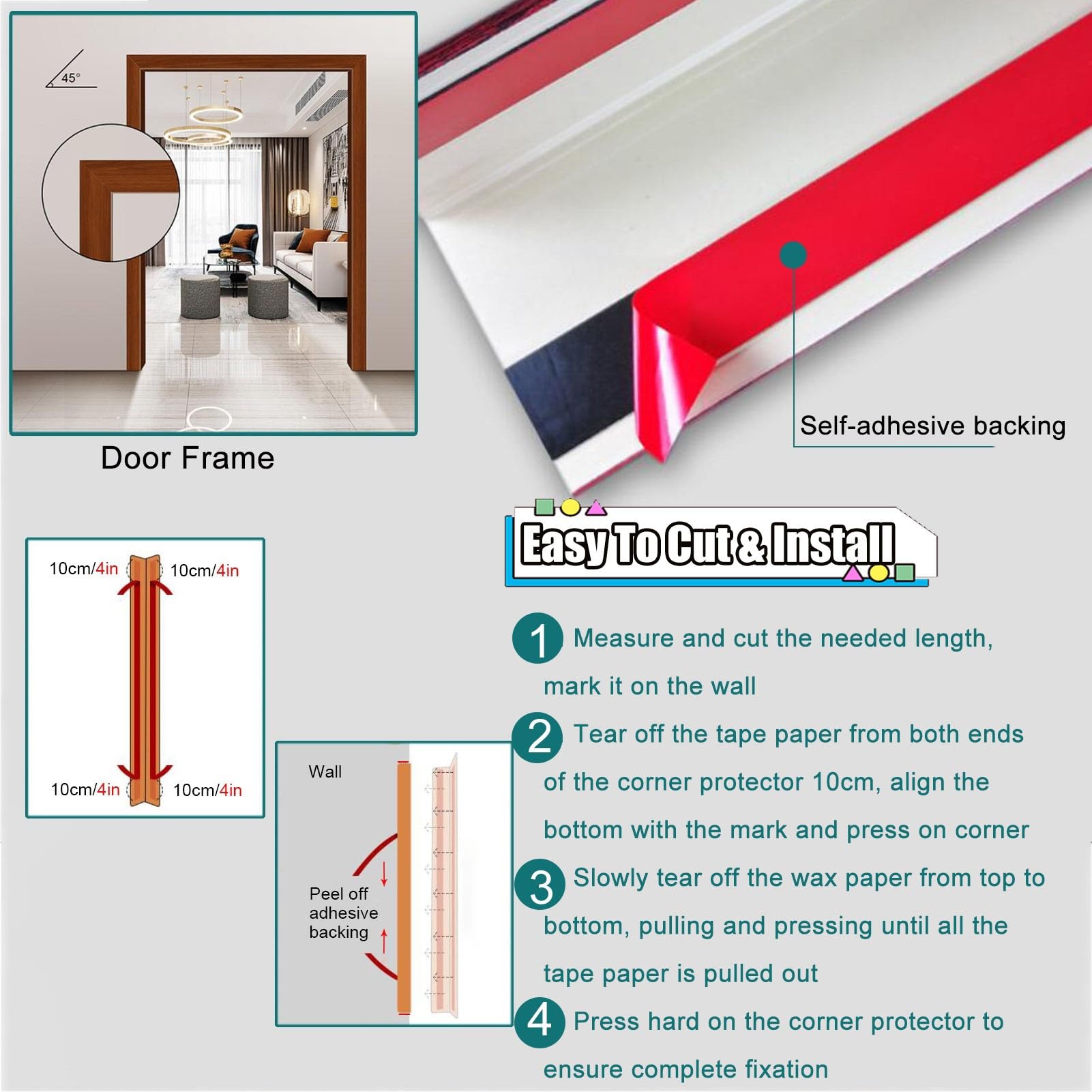 Protectores de esquina de pared de 2.0 in de ancho, marco de ventana de puerta autoadhesivo, borde/parachoques para perros masticando virutas de pintura, papel pintado, lágrimas, huellas dactilares, t