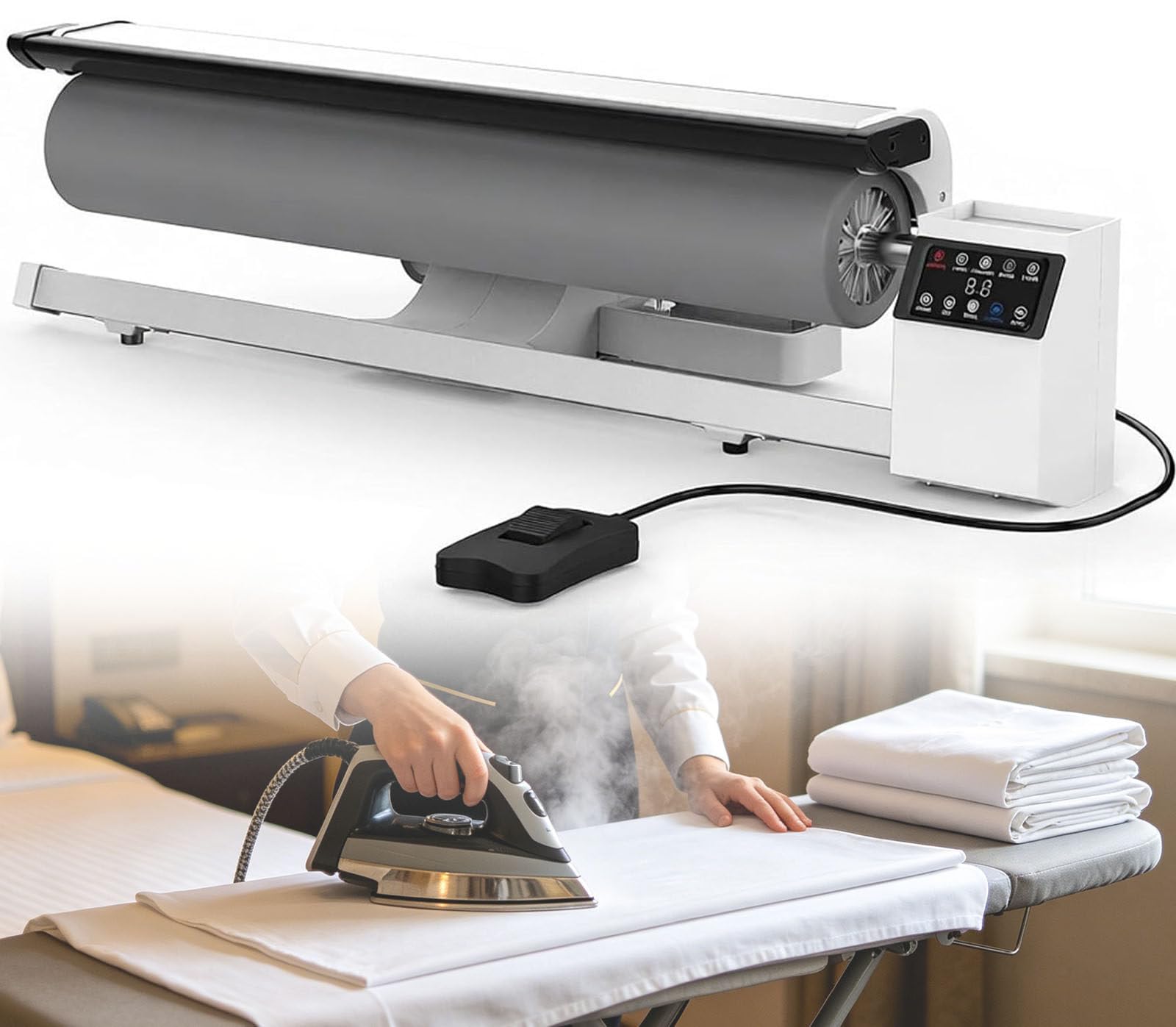 Drmoxin Fabric Roller Ironer, 2950W Steam Iron with Rotary Roller with Continuous Steam and Pedal, Designed for Flat Fabrics, Suitable for Home and Commercial Use