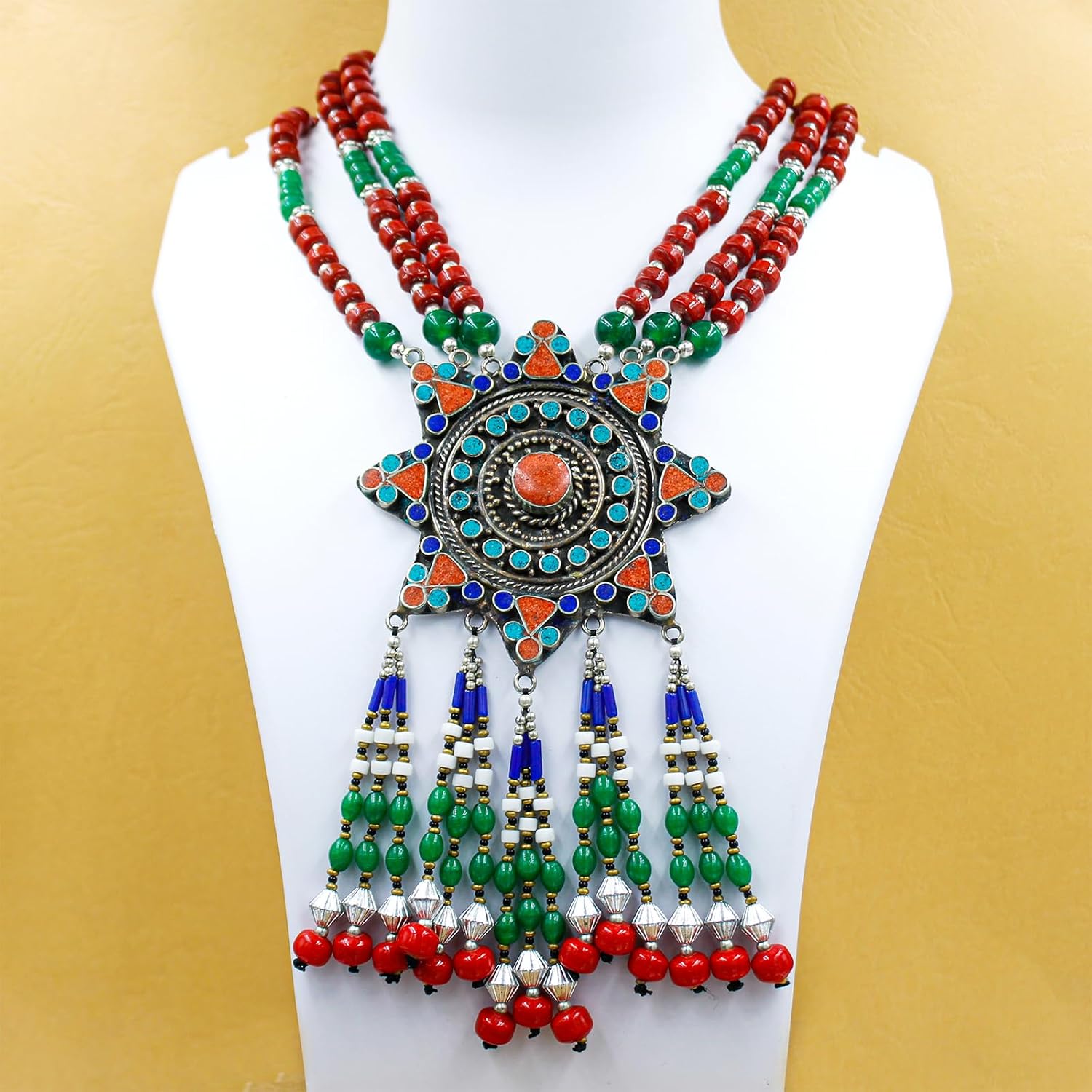 Tibetan Silver Star Medallion Y Drop Necklace for Women Bohemian Statement Collar Jewelry Festival Tassel Pendant Necklace