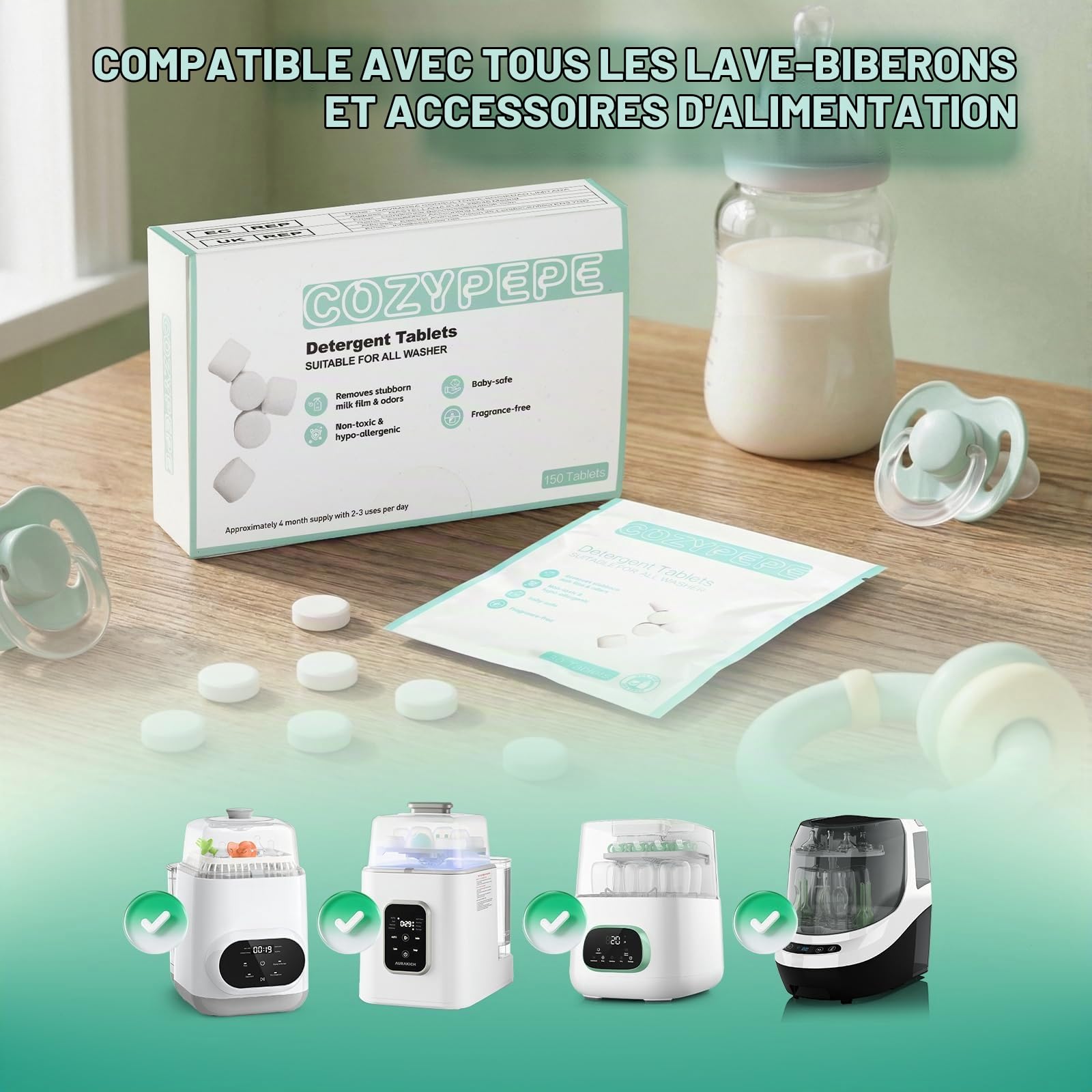 Comprimés détergents pour lave-biberons bébé, 150 unités, formule douce à dissolution rapide, élimine les résidus de lait, la graisse et les odeurs, compatible avec toutes les marques, adapté au lave-