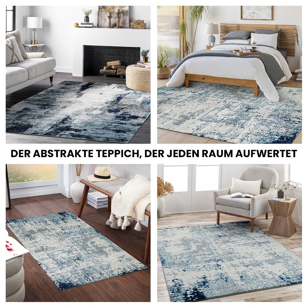 Livabliss Helsinki Wohnzimmer modern – Abstrakt Design in Marmor Optik für Wohnzimmer 120x170 cm, Esszimmer, Schlafzimmer - Marmor e groß, weicher Kurzflor in Blau, Weiß und Grau