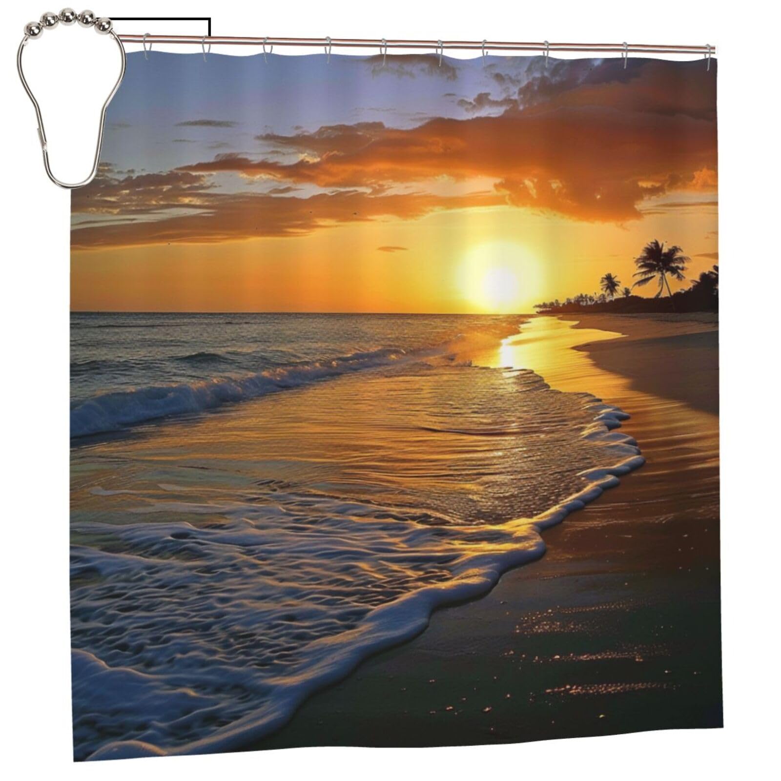BWWHCCTI beach with sunset Printed Shower Curtain With 12 Iron Hooks Opaque Quick Drying Waterproof Shower Curtains Sets For Bathroom 183x183 CM