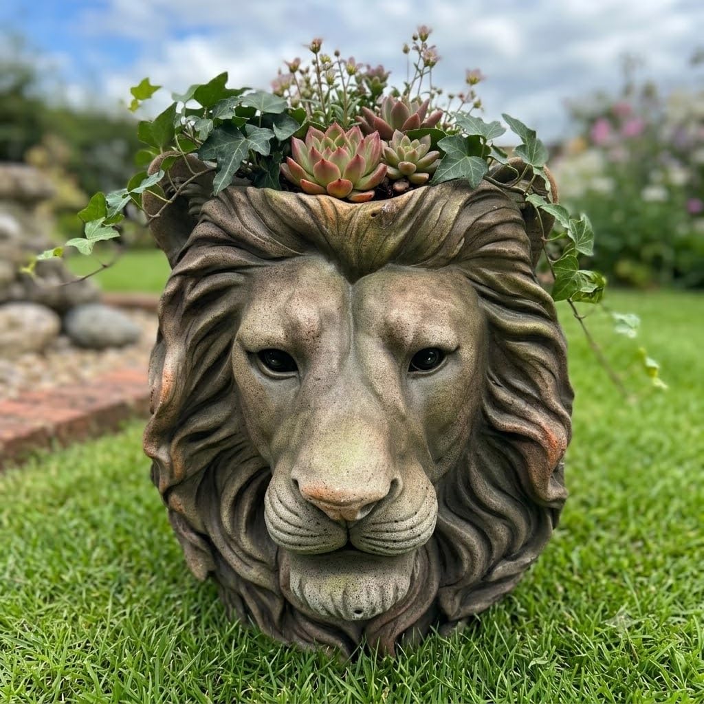Bloomingtons Direct Lion Head Plant Pot Flower Pot Planter Garden Decoration Antique Lion Plant Pot Outdoor Flower Pots Outside Garden Planters for Indoor Outdoor Garden Courtyard Patio Porch Decor
