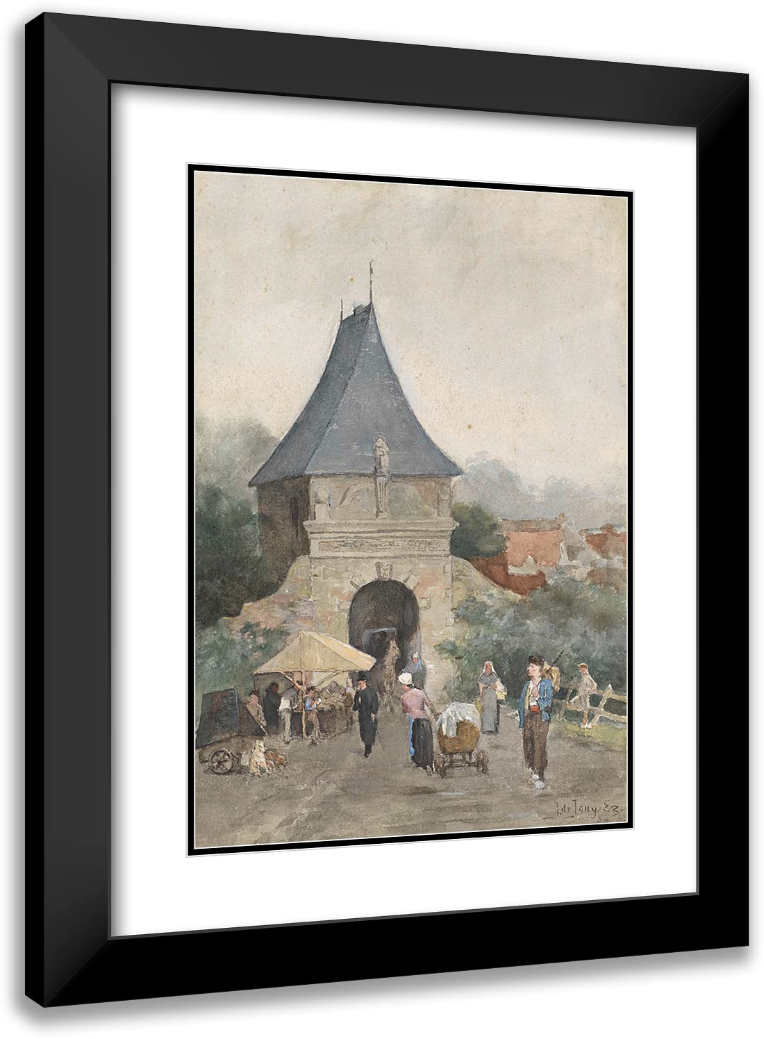 ArtDirect J. de Jong Ezn 14x18 Black Modern Frame and Double Matted Museum Art Print Titled - Veerpoort in Schoonhoven (1884)