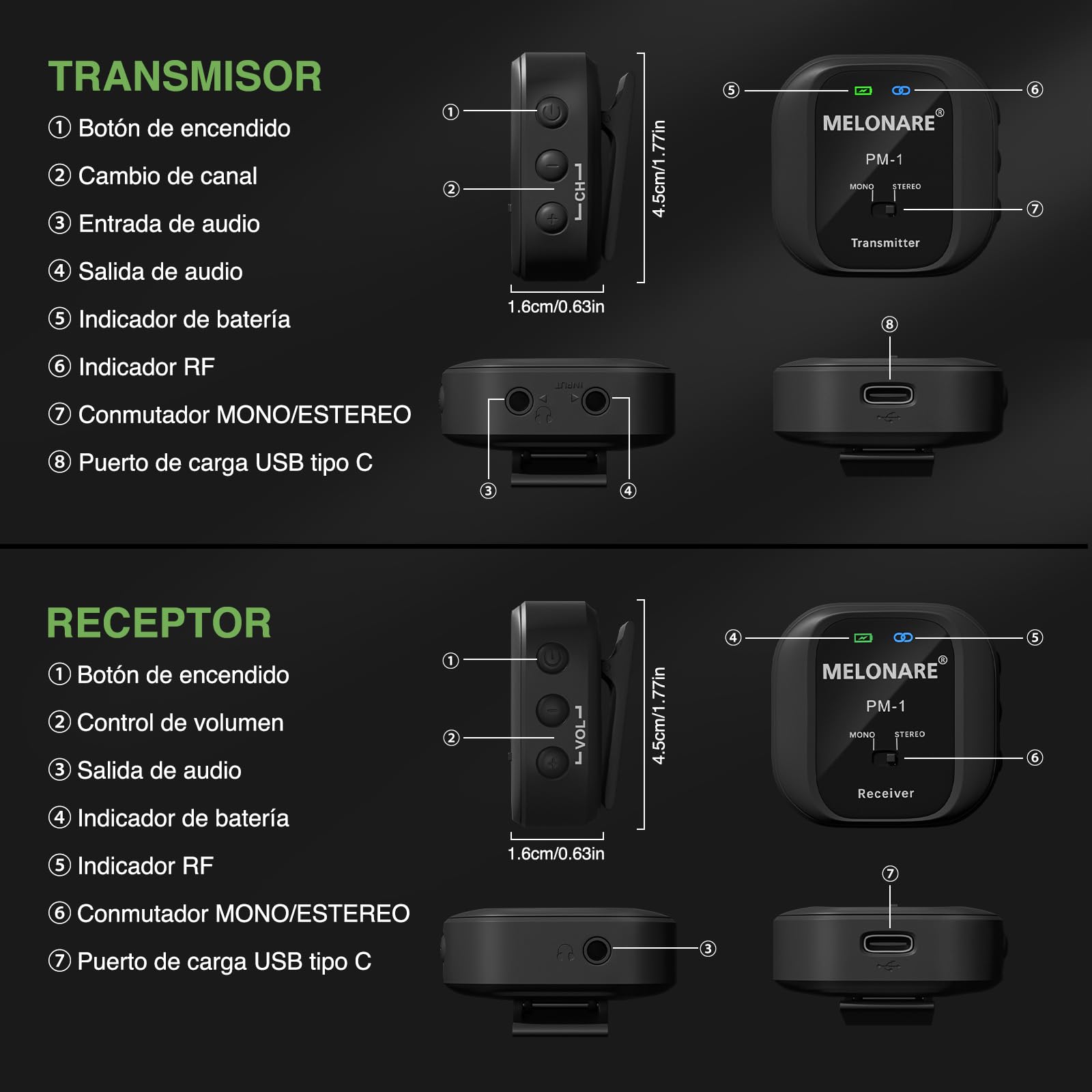 MELONARE PM-1 - Sistema de monitor intrauditivo inalámbrico UHF 500 MHz, sin retraso, audio HD, transmisor y receptor Beltpack, 10 canales, selección mono/estéreo, IEM para actuación en vivo, estudio,