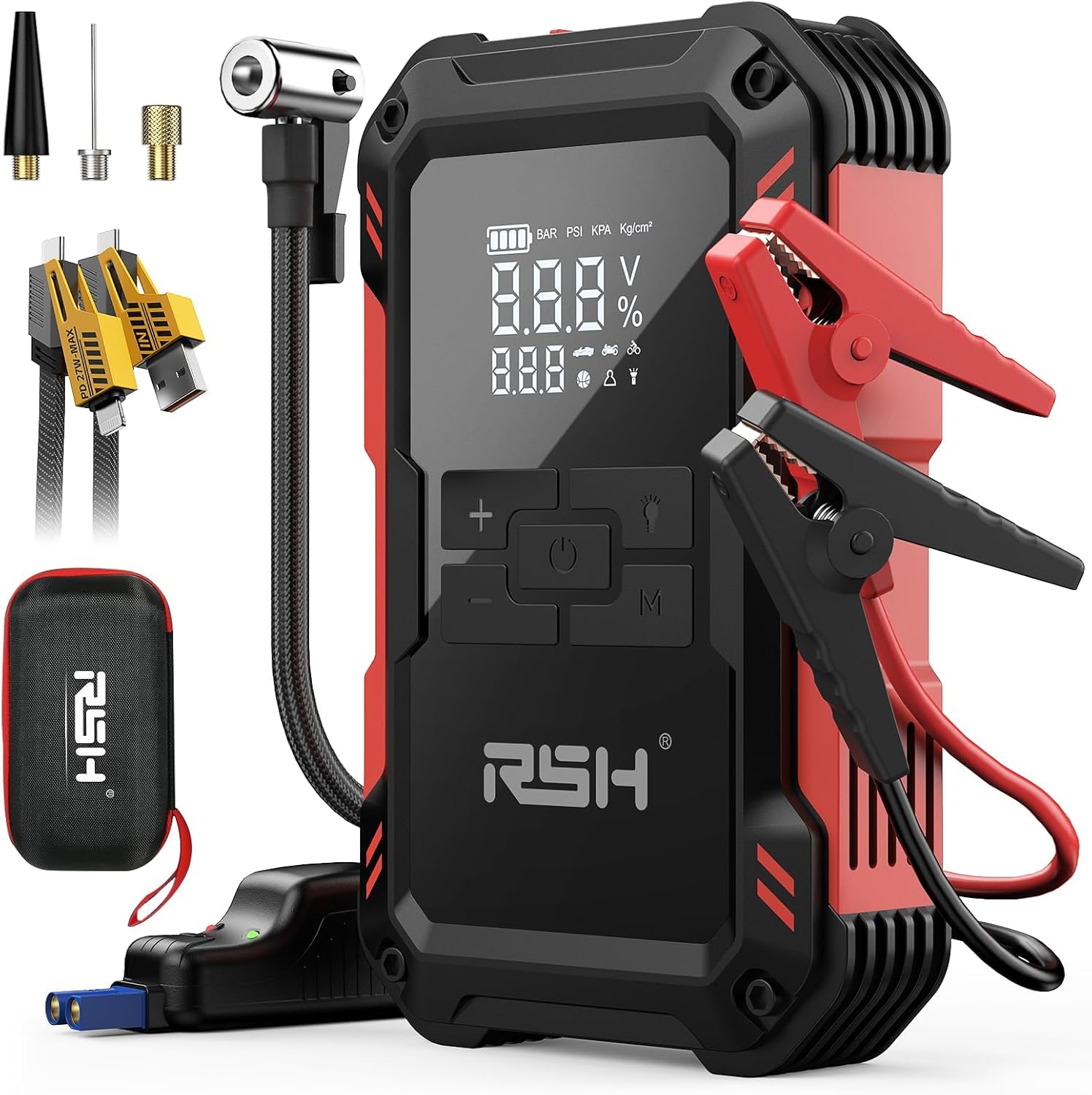 RSH Arrancador de Baterías de Coche 4000A con Compresor de Aire 150PSI – Jump Starter Portátil 12V 10000mAh para 9,0L Gasolina y 6,5L Diésel – Pantalla LCD, Linterna LED, Carga USB 18W
