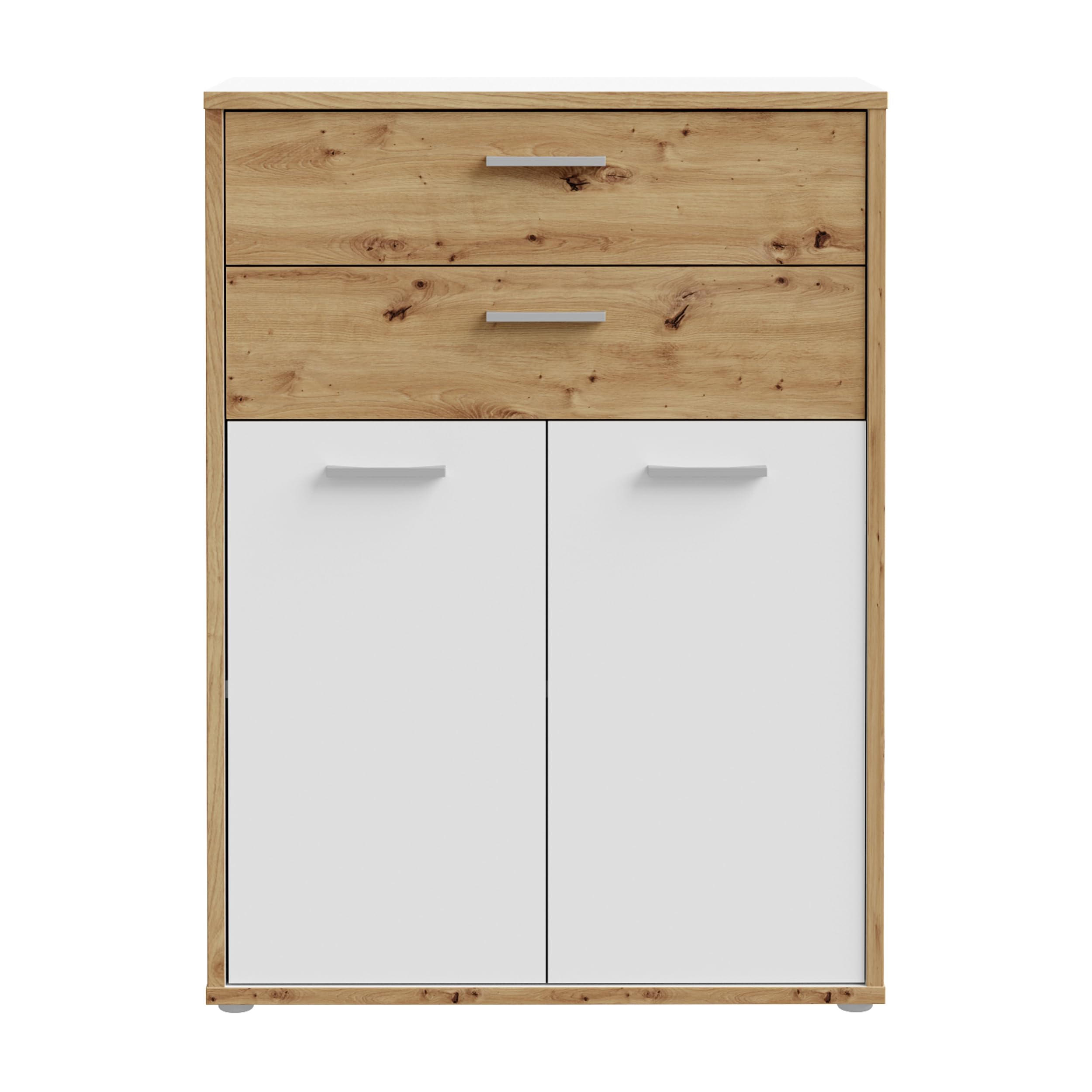 Forte KEFLAVIK Schrank 80 90, moderner Büroschrank mit 2 Türen und Schublade, Holzwerkstoff, Artisan Eiche Holzdekor | Weiß, 84,5 cm breit x 115,1 cm hoch x 41,5 cm tief