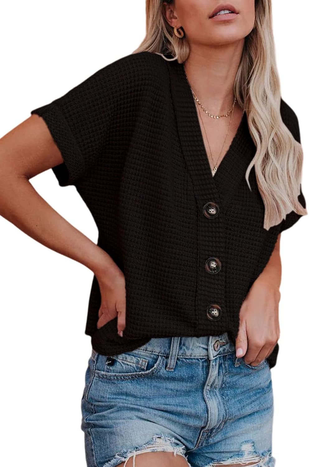 Dokotoo Womens Summer Tops 2026 Waffle Knit Button Down Shirts Casual V Neck Short Sleeve Shacket Jacket Dressy Blouses