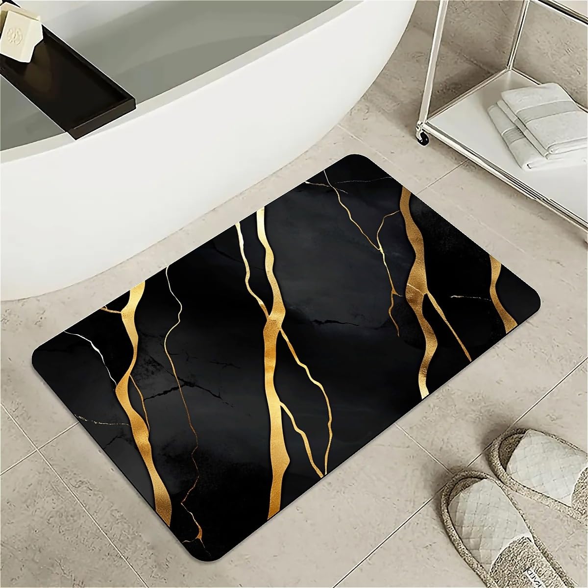 ZHUZHISHAN Diatomaceous Earth Bath Mat,Black and Gold Marble-， Non-Slip Volume Super Absorbent Fast Drying Eco-Friendly Easy to Clean for Bathroom